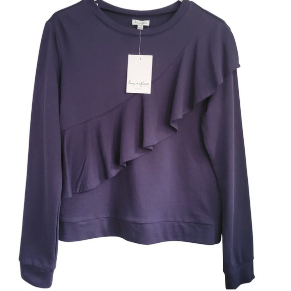 love, Fire Tops - NWT LOVE, FIRE Los Angeles. Asymmetrical Ruffle Sweatshirt Nordstrom Navy M Chic